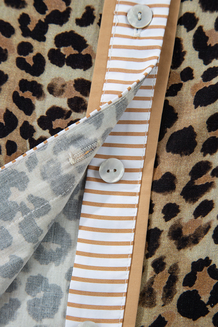 Khaki Contrast Striped Trim V Neck Leopard Shirt