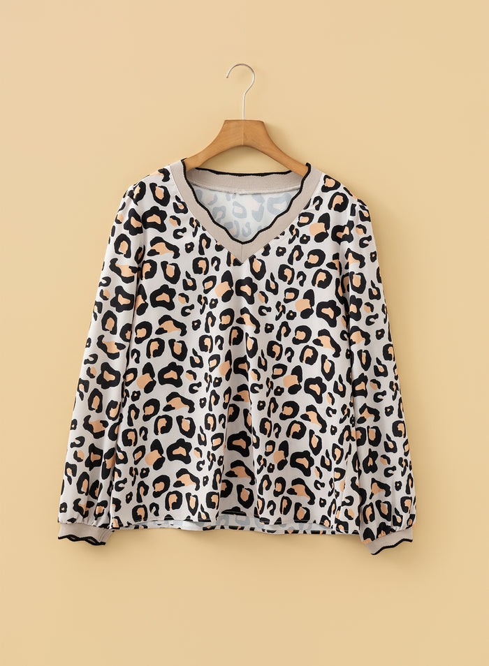 Khaki Leopard Print Contrast Scalloped V Neck Long Sleeve Blouse