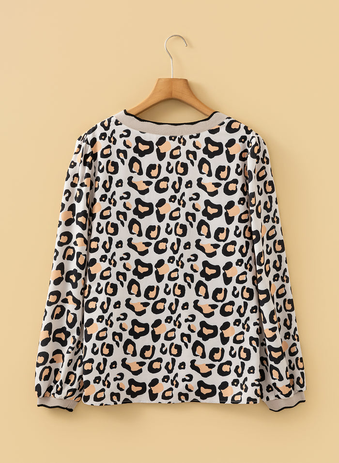 Khaki Leopard Print Contrast Scalloped V Neck Long Sleeve Blouse