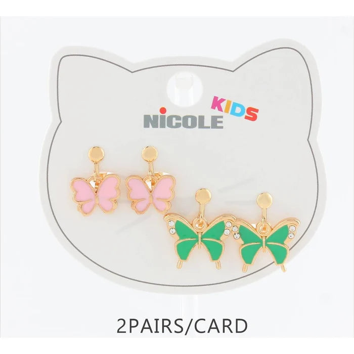 Kids Butterfly Clip-On Earrings Set (2 Pairs) – Cute Non-Pierced Dangling Earrings (CR4345)