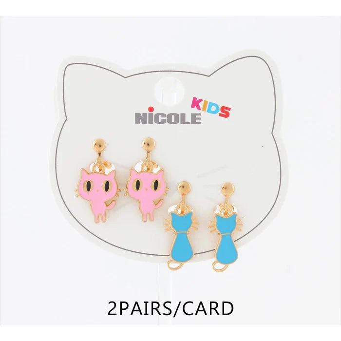 Kids Cat Dangling Clip-On Earrings Set (2 Pairs) – Cute Enamel Kitten Jewelry for Girls (CR4350)