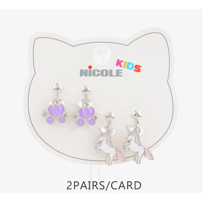 Kids Clip-On Dangling Earrings Set - Unicorn & Carriage Non-Pierced Earring Pack (2 Pairs) CR4346