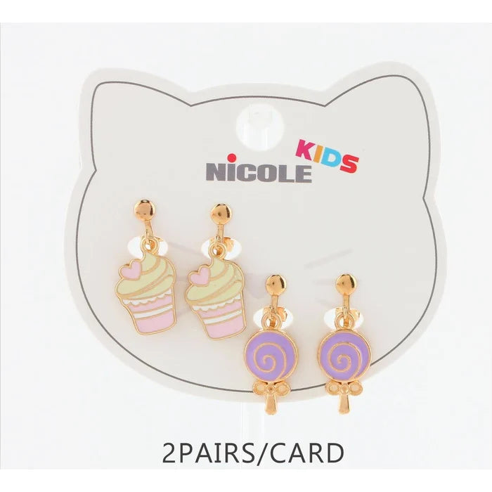 Kids Clip-On Earrings Set - Cute Cupcake & Lollipop Dangling Earrings for Girls (Non-Pierced, 2 pair) CR4347