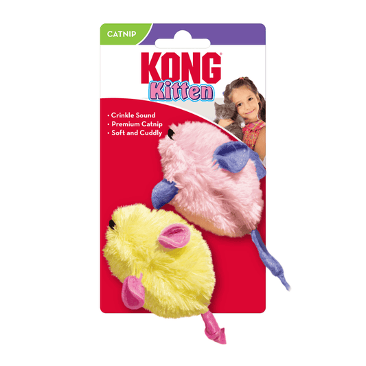 One fluffy yellow mouse cat toy with a black nose with pink ears, tail and feet and one fluffy pink mouse cat you with a black nose with purple ears, tail and feet. Packaged on a backing card with a  girl and kitten on with text 'KONG Kitten' and bullet points 'Crinkle sound, premium Catnip, Soft and Cuddly' in white text on a red background. All pictured on a white background.