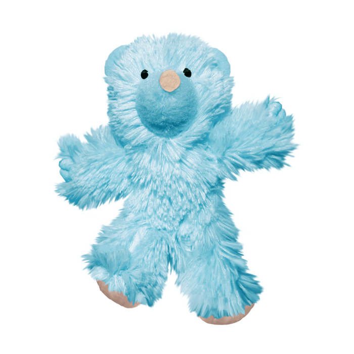 Fluffy blue teddy bear cat toy with stitched eye details and beige nose pictured on a white background.