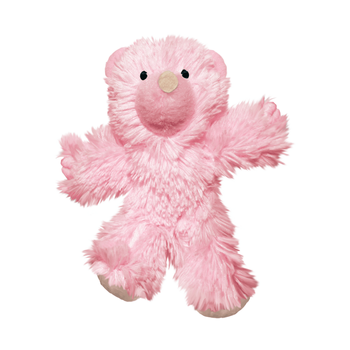Fluffy pink teddy bear cat toy with stitched eye details and beige nose pictured on a white background.