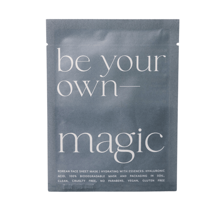 Packaging of Korean Sheet Mask - Be Your Own Magic | Lucky Owl in gray with white text highlighting its hydrating, cruelty-free, vegan, and biodegradable skincare benefits.