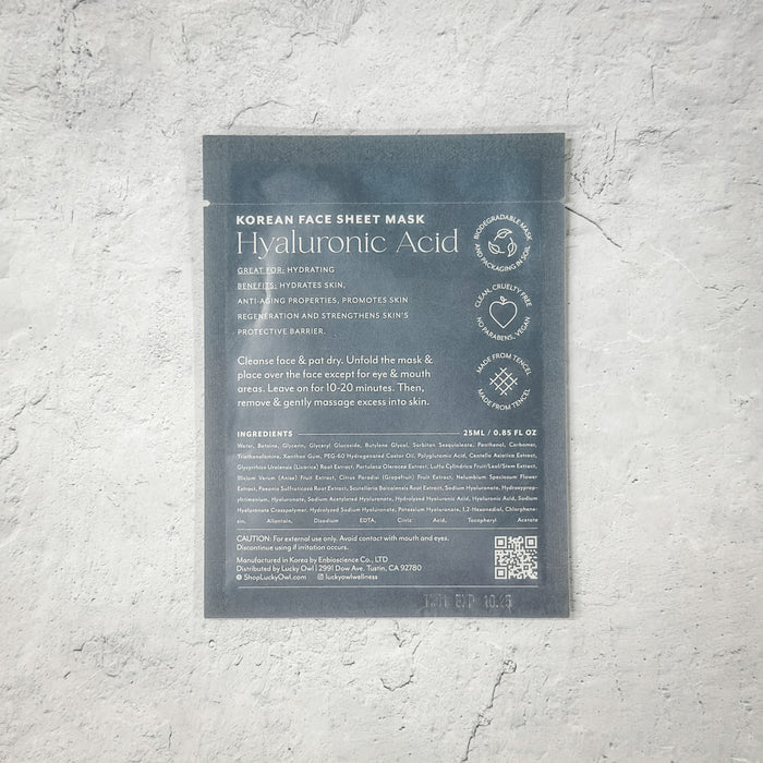 Back of a Korean Sheet Mask - Be Your Own Magic | Lucky Owl packaging displaying instructions, ingredients, and benefits of the hyaluronic acid face sheet mask for skincare.