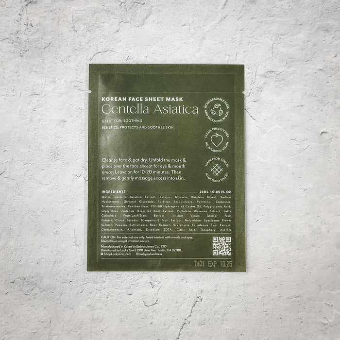 Back of Korean Sheet Mask - Take a Deep Breath | Lucky Owl packaging showing Centella Asiatica ingredients and usage instructions for soothing and protecting skin.