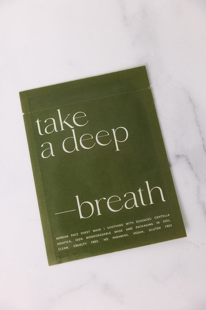 Green biodegradable pouch of Korean Sheet Mask - Take a Deep Breath | Lucky Owl, featuring clean, vegan skincare with Centella Asiatica, cruelty-free and gluten-free ingredients.