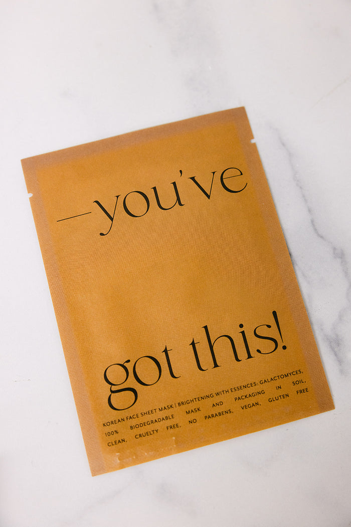 Korean Sheet Mask - You've Got This | Lucky Owl in earthy brown biodegradable packaging on a white marble surface, promoting clean, vegan skincare.