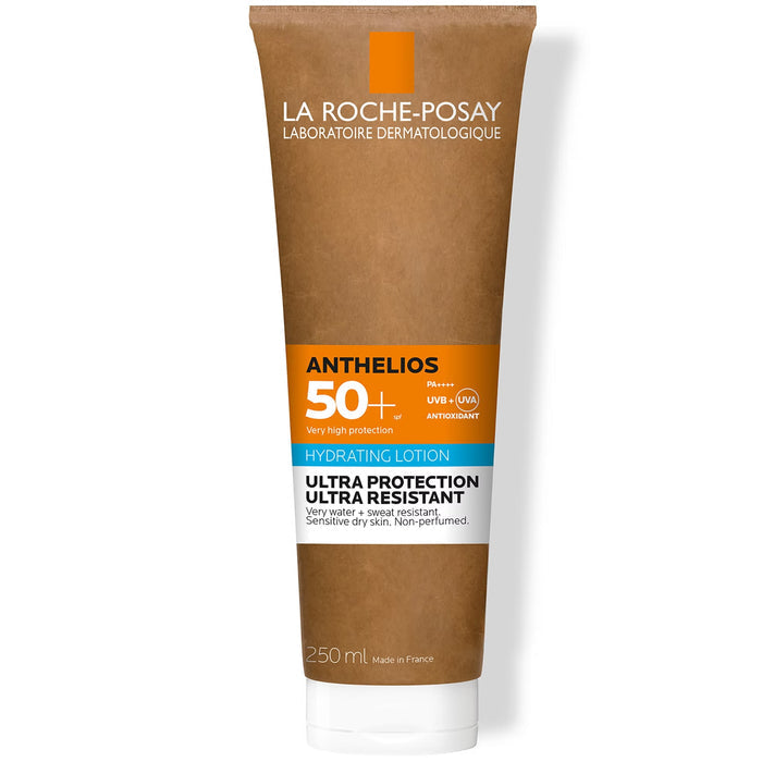 La Roche-Posay Anthelios SPF50+ Sun Protection Milk in 250ml bottle, lightweight sunscreen for face and body.