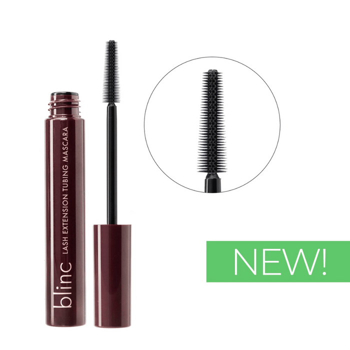 Open tube and wand of Lash Extension Tubing Mascara | Blinc showing close-up of the flexible bristle brush designed for smooth application.