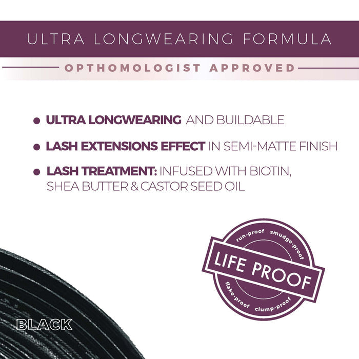 Close-up of product packaging highlighting the ultra longwearing formula, ophthalmologist approval, lash extensions effect with semi-matte finish, and lash treatment infused with biotin, shea butter, and castor seed oil for Lash Extension Tubing Mascara | Blinc.