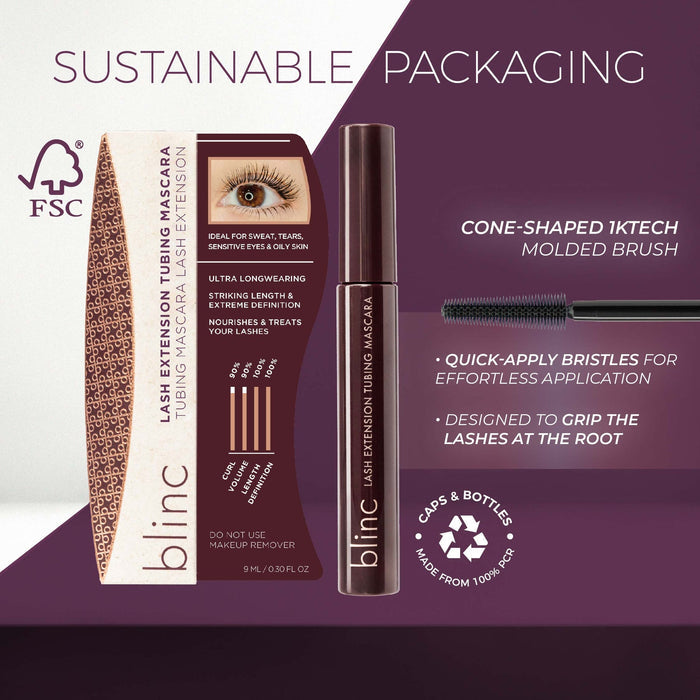 Lash Extension Tubing Mascara | Blinc packaging and product tube shown with sustainable FSC certified packaging, featuring a cone-shaped molded brush designed for lash extension application.
