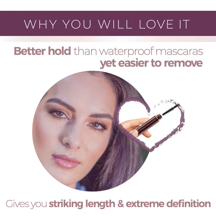 Close-up of a woman with long, defined lashes highlighting Lash Extension Tubing Mascara | Blinc, shown in a heart shape, emphasizing better hold and easier removal than waterproof mascaras.
