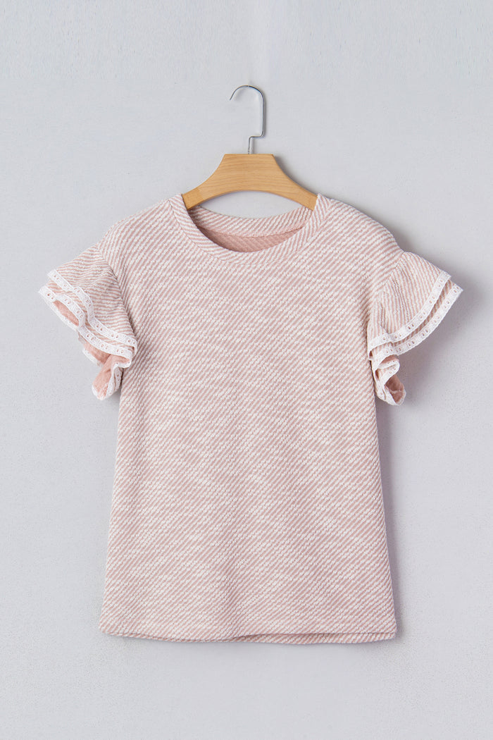 Light Pink Twilled Print Lace Trim Ruffled Short Sleeve Blouse