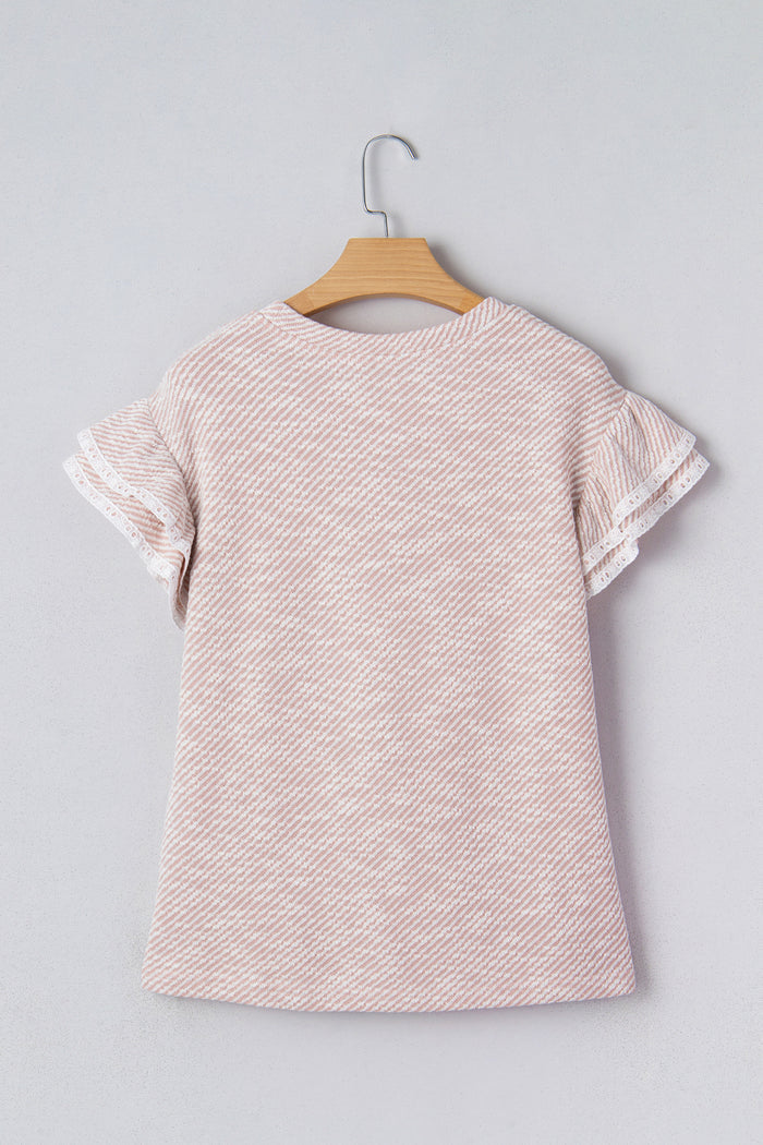 Light Pink Twilled Print Lace Trim Ruffled Short Sleeve Blouse