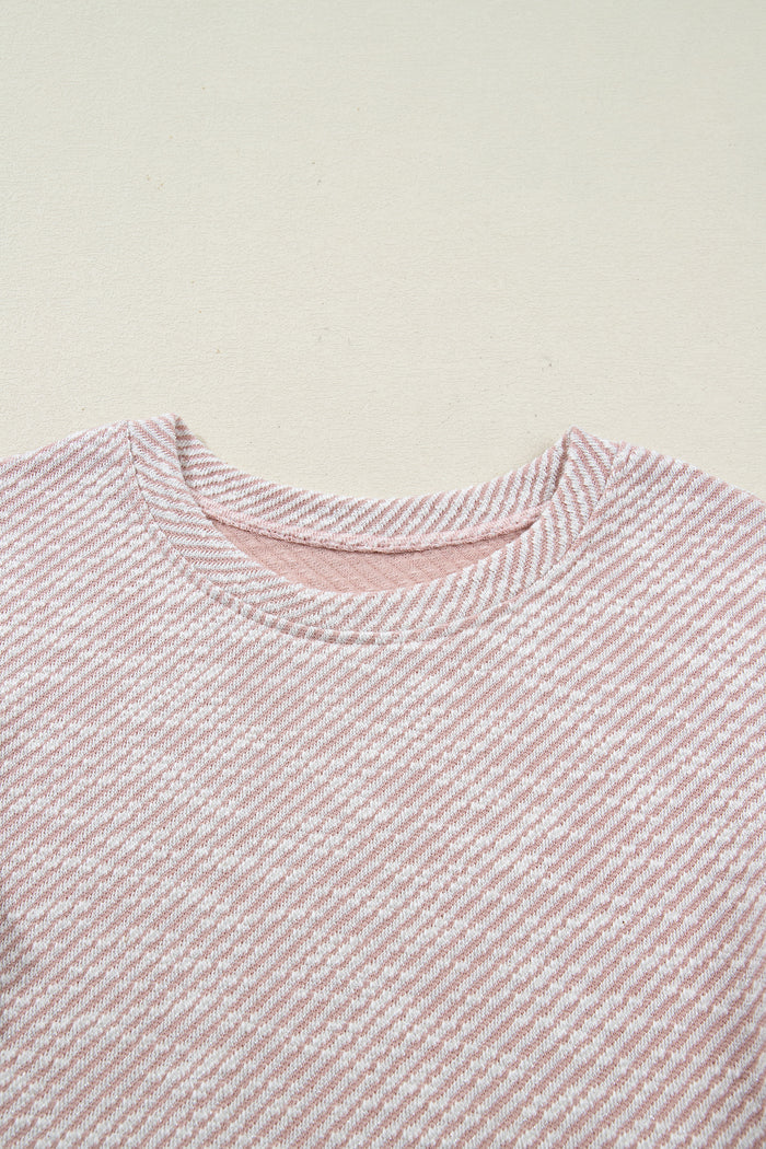 Light Pink Twilled Print Lace Trim Ruffled Short Sleeve Blouse