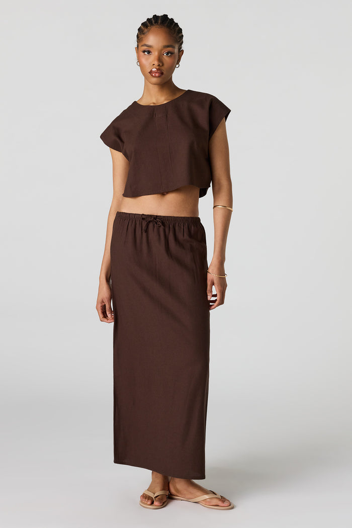 Linen-Blend Drawstring Midi Skirt