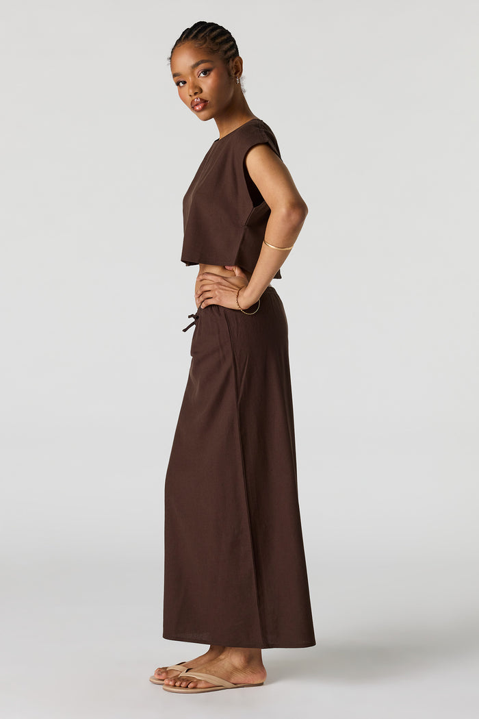 Linen-Blend Drawstring Midi Skirt
