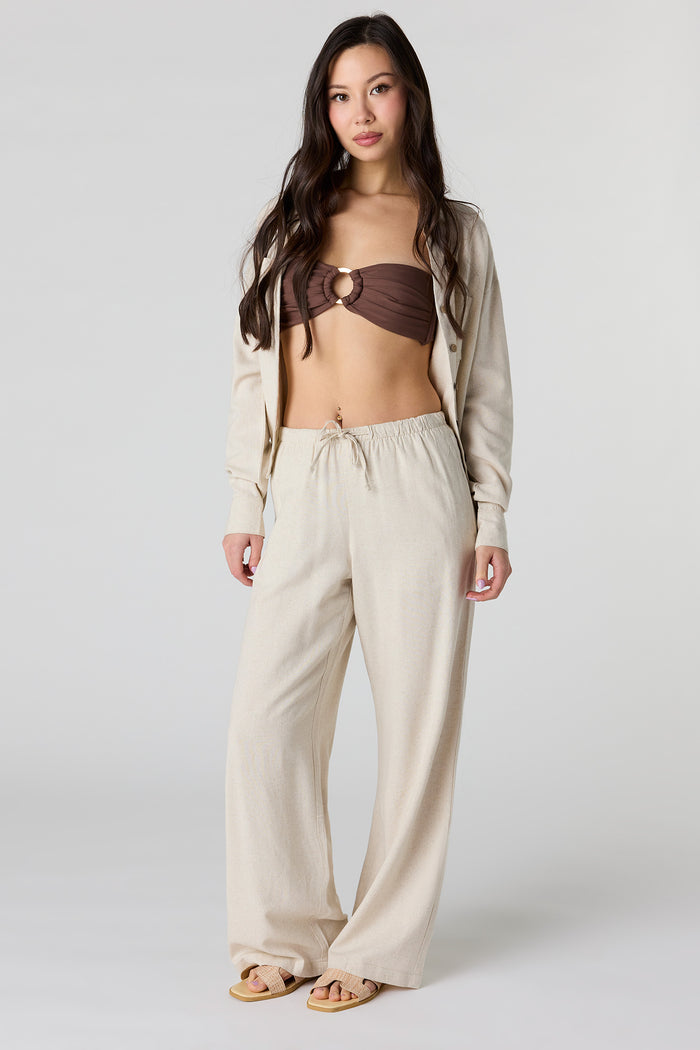 Linen-Blend Drawstring Wide Leg Pant