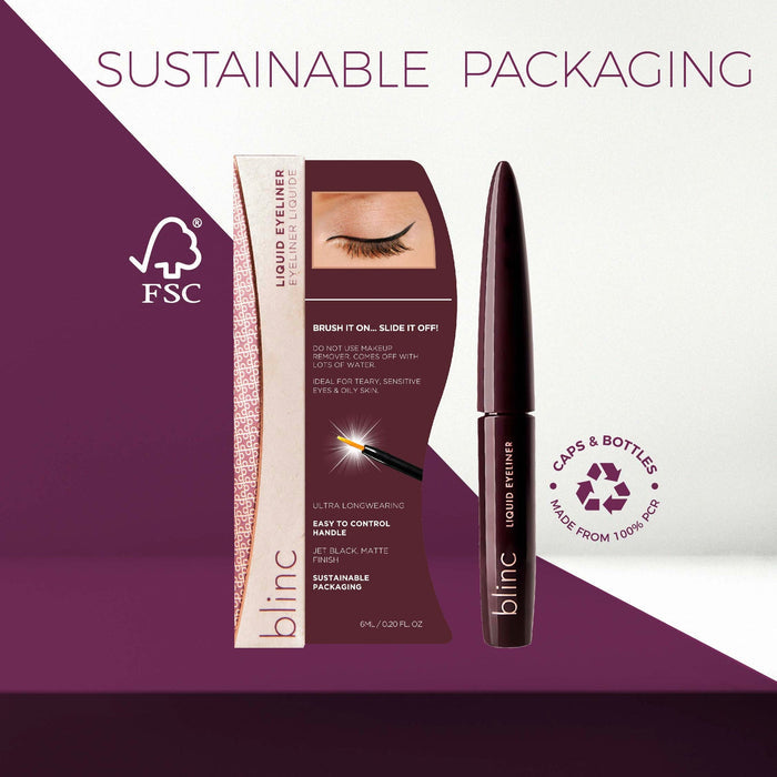 Liquid Eyeliner - Black | Blinc with its sustainable packaging, featuring a sleek black eyeliner pen and eco-friendly recyclable materials promoting long-lasting, easy-to-control application.