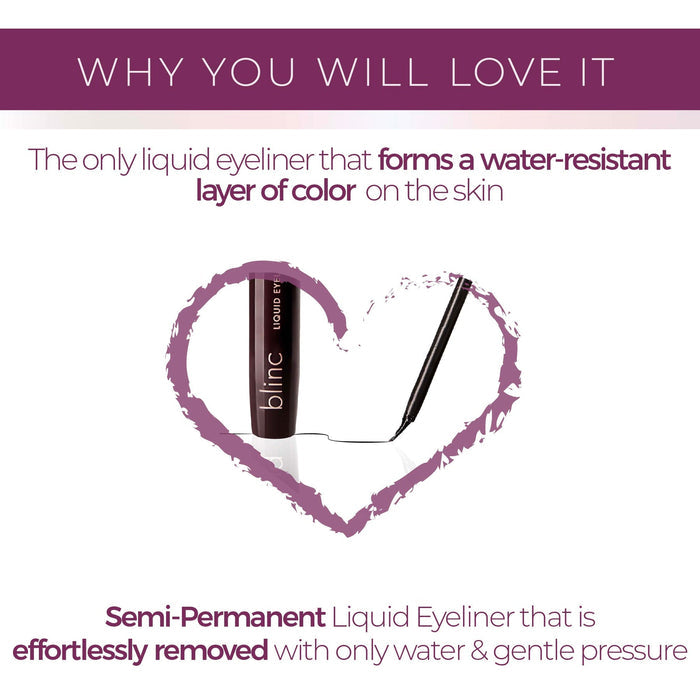 Image showing Liquid Eyeliner - Black | Blinc with text highlighting it forms a water-resistant layer of color on the skin and is semi-permanent yet easily removed with water and gentle pressure.