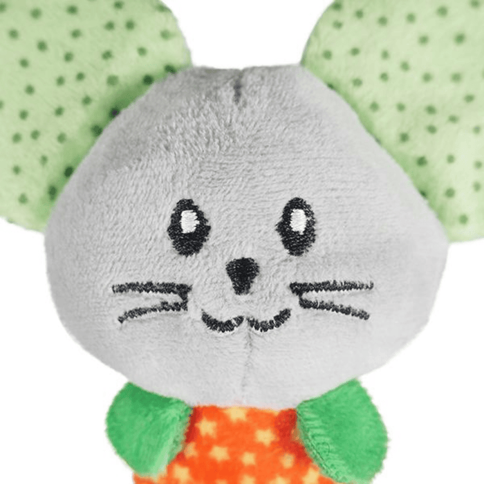 Close up of mouse Cat toy's grey face and stitched details of eyes, nose, smile and whiskers on the face, green polka dot fabric ears, orange body with yellow stars and dark green legs pictured on a white background.