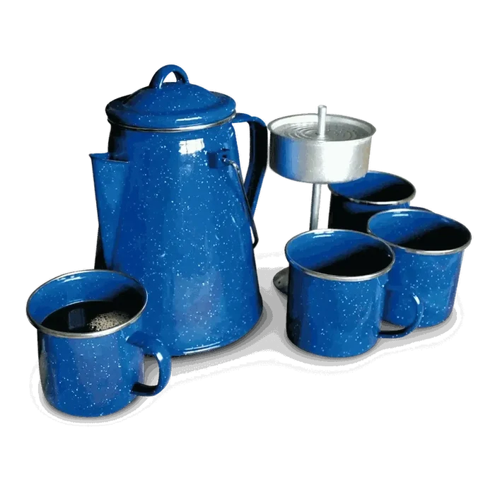 LK Coffee Percolator Set with 2L pot, percolator, and 4 enamel camping cups