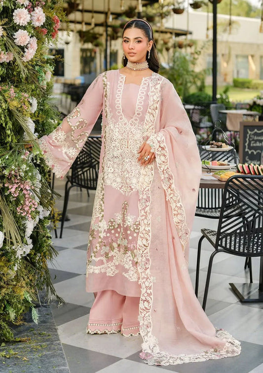 Blush pink luxury suit with heavy white lace floral embroidery on the front and sleeves."
