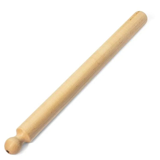 A beige, solid wood rolling pin with a smooth surface and a rounded handle end.