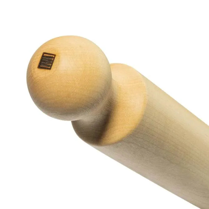 A beige, solid wood rolling pin with a smooth surface and a rounded handle end.