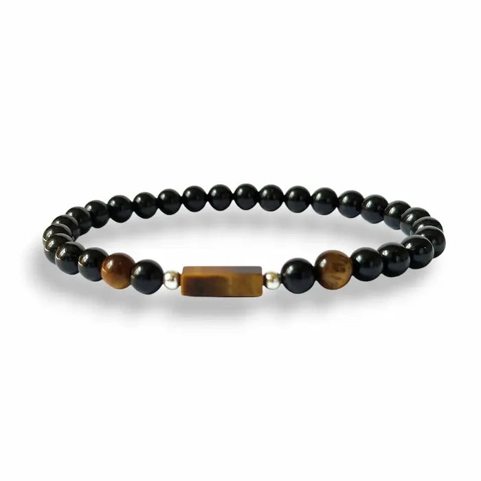 Men's black tourmaline and tiger's eye beaded bracelet, 6mm