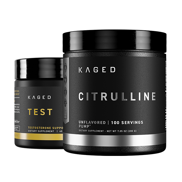 Front view of Citrulline powder tub and smaller Test testosterone support tub showcasing bold labels on white background