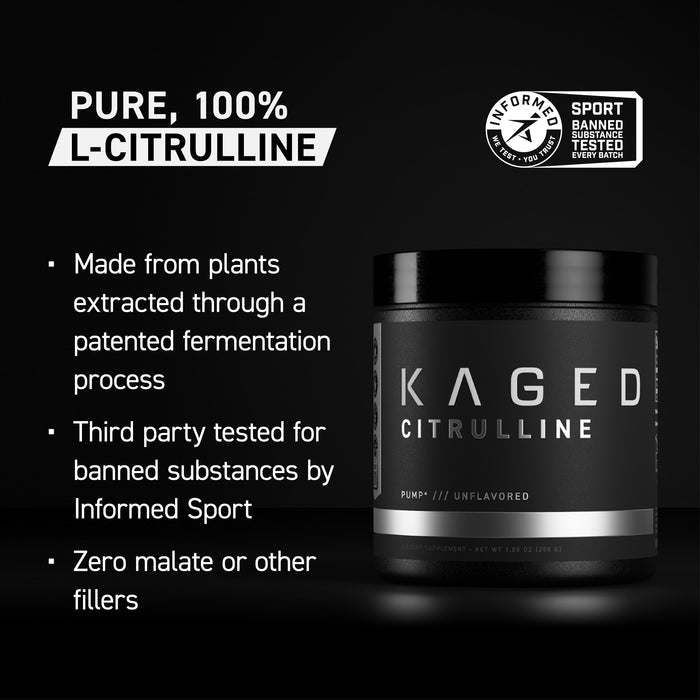 Infographic: Pure, 100% L-Citrulline with KAGED tub and bullets: plant-derived fermentation; Informed Sport tested; zero malate