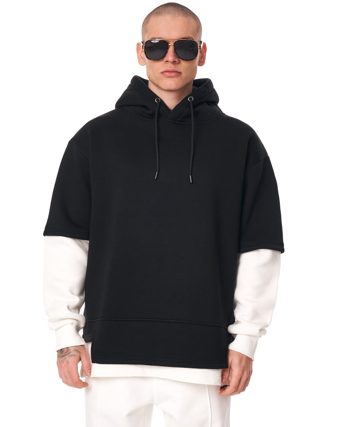 Men's Oversized Half Sleeve Detailed Hoodie Black&White (2)