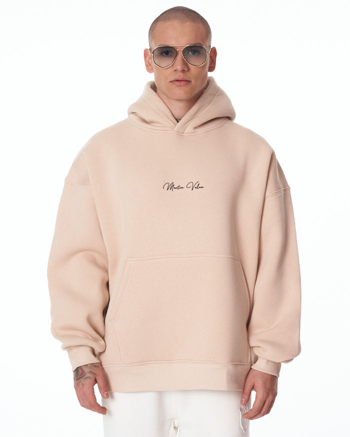 Men's Oversized Signature Detail Beige Cordless Hoodie