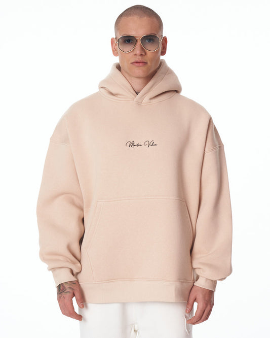 Men's Oversized Signature Detail Beige Cordless Hoodie