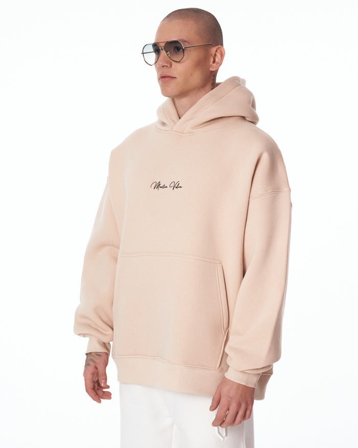 Men's Oversized Signature Detail Beige Cordless Hoodie (3)