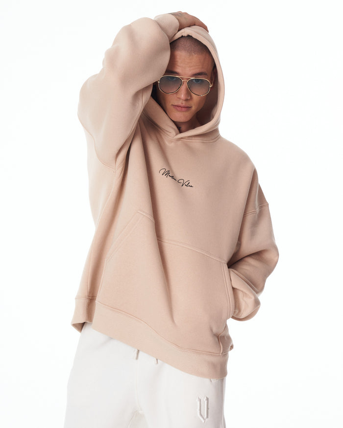 Men's Oversized Signature Detail Beige Cordless Hoodie (8)