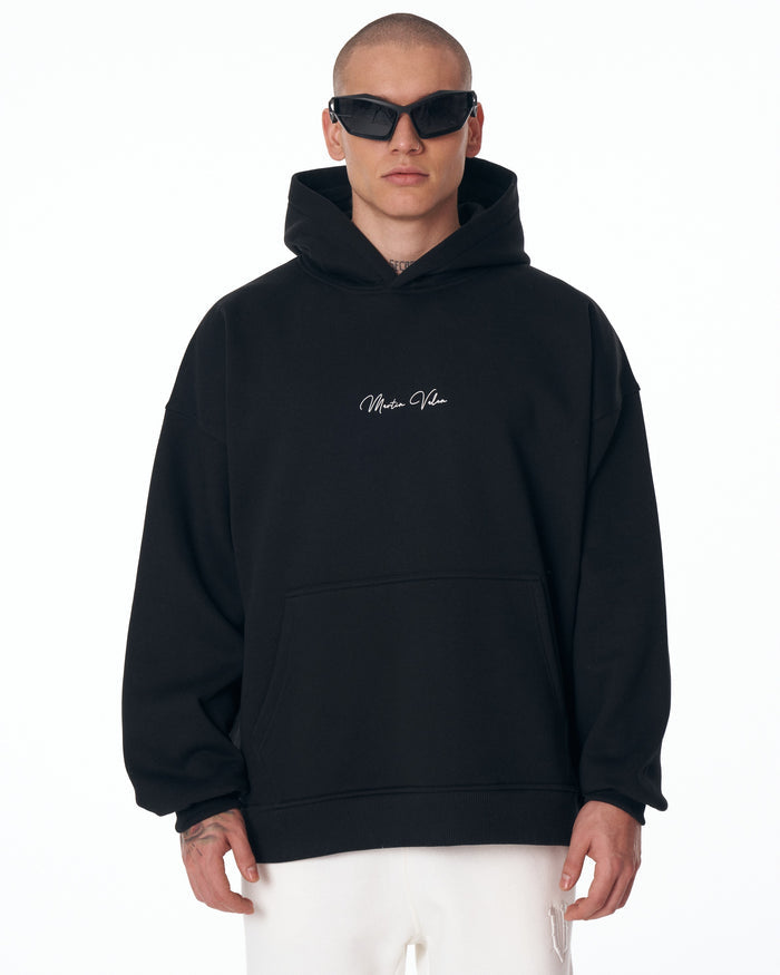 Men's Oversized Signature Detail Black Cordless Hoodie