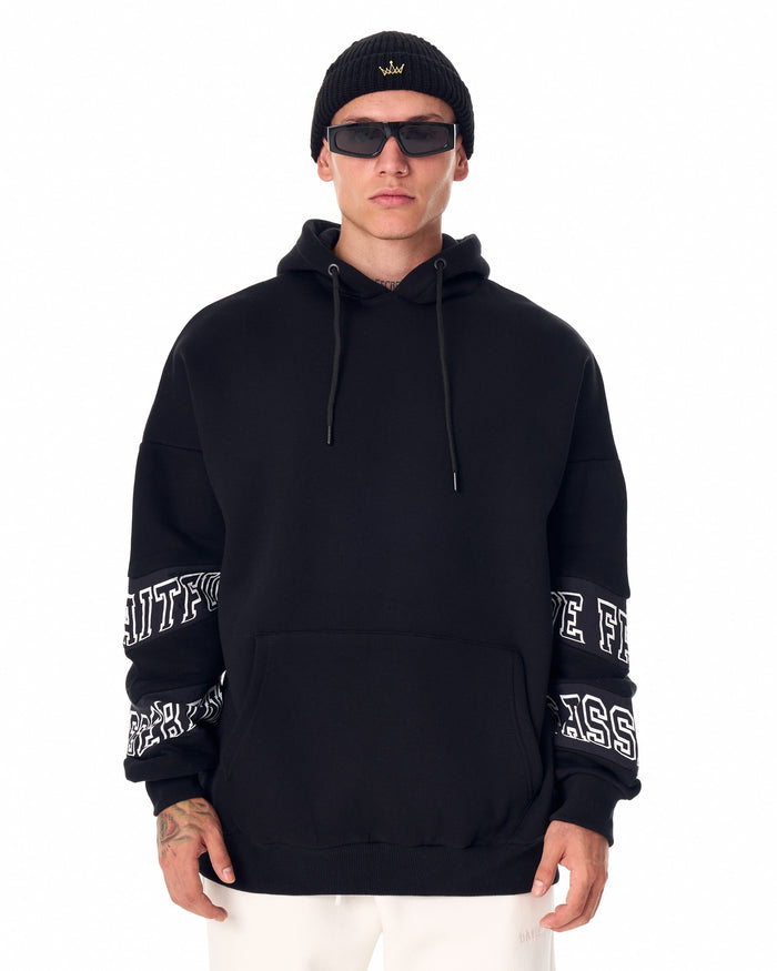 Men's Oversized Sleeve Signature Detailed Black Hoodie