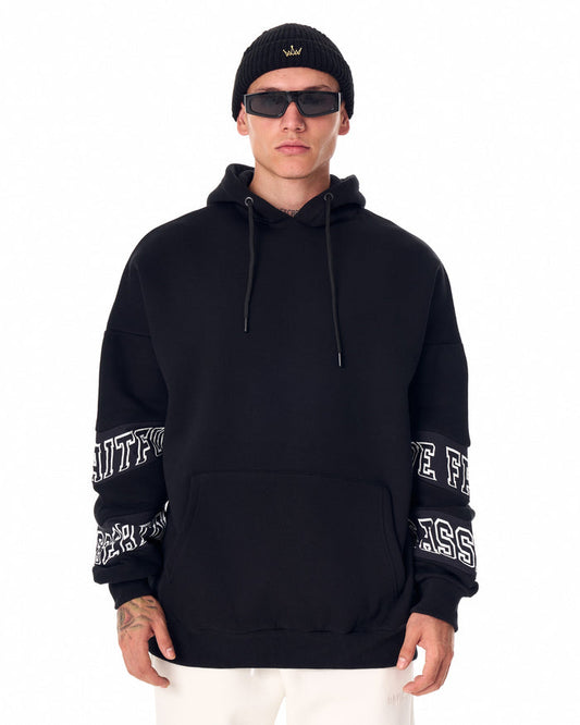 Men's Oversized Sleeve Signature Detailed Black Hoodie