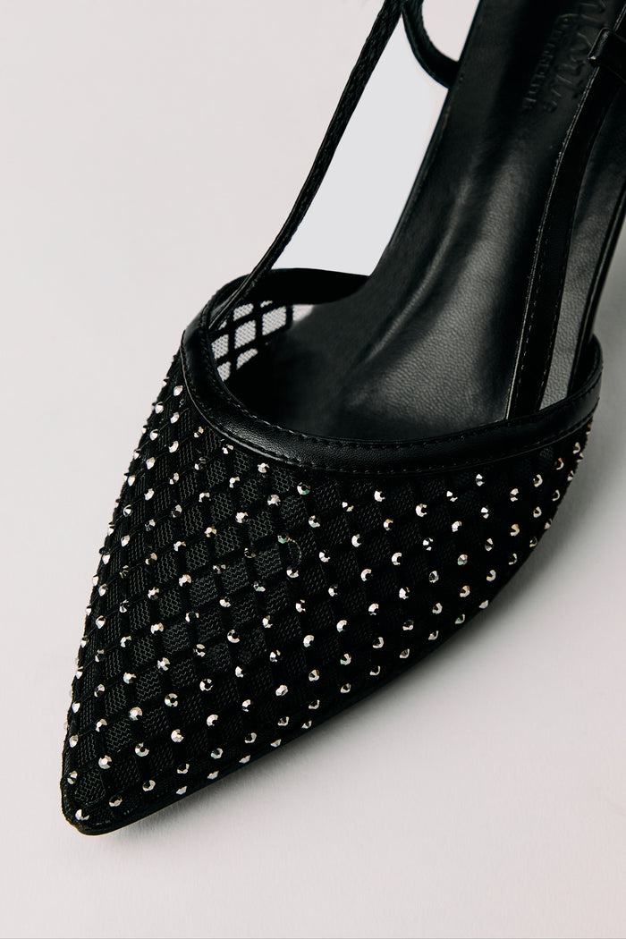 Mesh Rhinestone Kitten Heeled Slingback