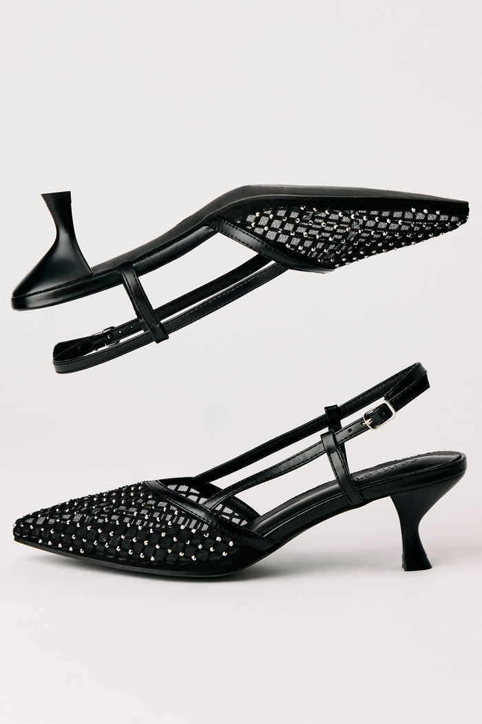Mesh Rhinestone Kitten Heeled Slingback