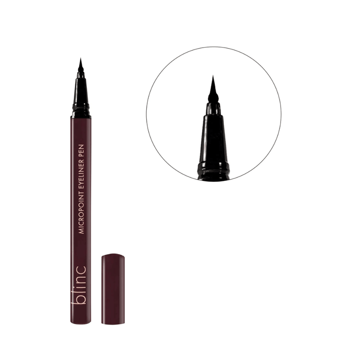 Micropoint Liquid Liner Pen | Blinc showing a sleek dark burgundy eyeliner pen with a fine precise tip for detailed application, cap removed and tip magnified.