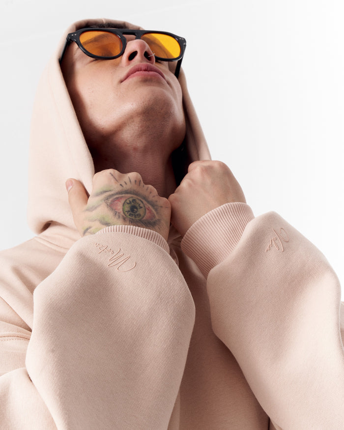 Minimalist Sleeve Printed Beige Oversized Hoodie (2)