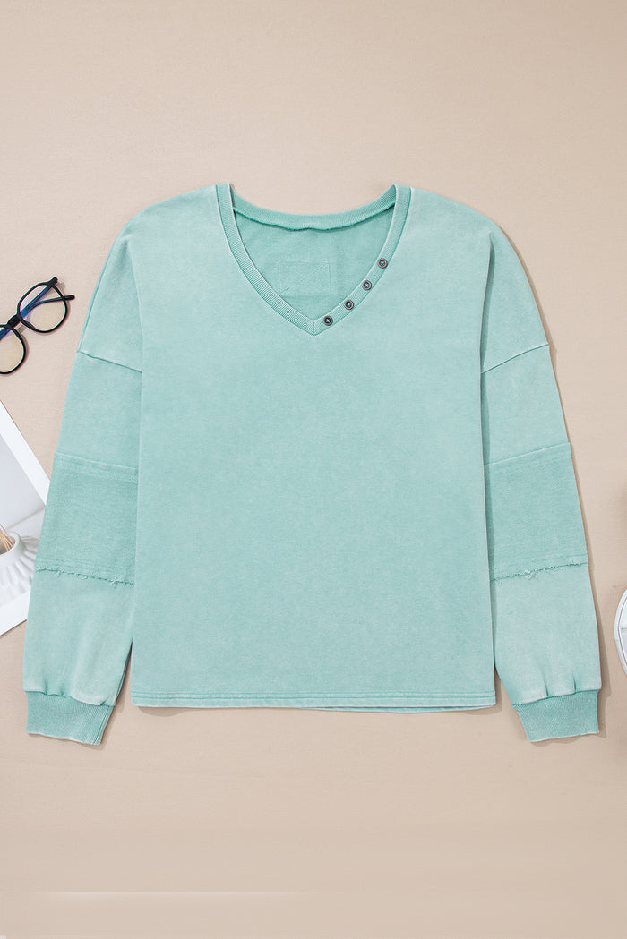Mist Blue Mineral Wash Exposed Seam Buttoned V Neck Pullover Top