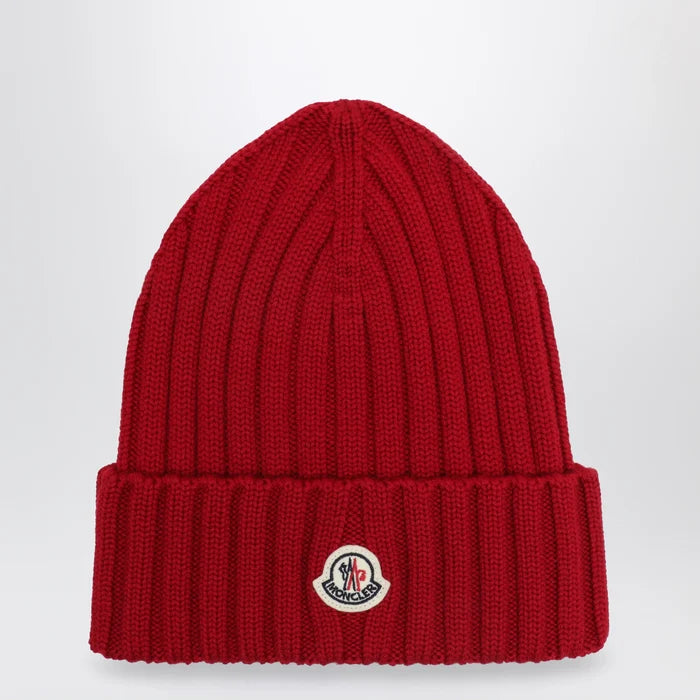Moncler - Cable-knit wool beanie with logo in burgundy Brand U